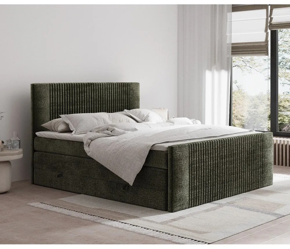 Ciemnozielone łóżko kontynentalne ze schowkiem 200x200 cm Bergamo – Maison de Rêve