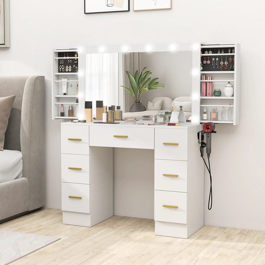 HOMCOM Toaletka z lustrem i 12 lampami LED, toaletka z 7 szufladami, 6 ukrytymi schowkami, płyta wiórowa, Biały