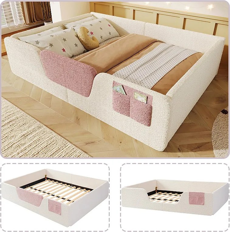 Tapicerowane łóżko dziecięce - 140 x 190 cm - z wyjmowanymi barierkami zabezpieczającymi + worek materiałowy do przechowywania - aksamit - beż