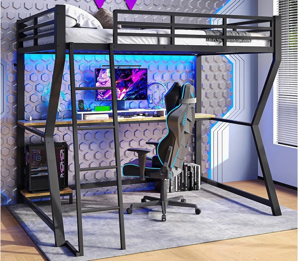 Łóżko mezzanine 90x200cm z LED i gniazdkami - biurko + schody - Czarne