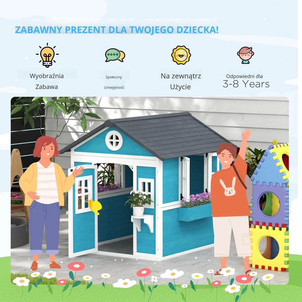 Outsunny Domek Ogrodowy dla Dzieci, Drewniany Domek Zabaw z Oknami, Doniczkami, 3-8 Lat, Niebieski