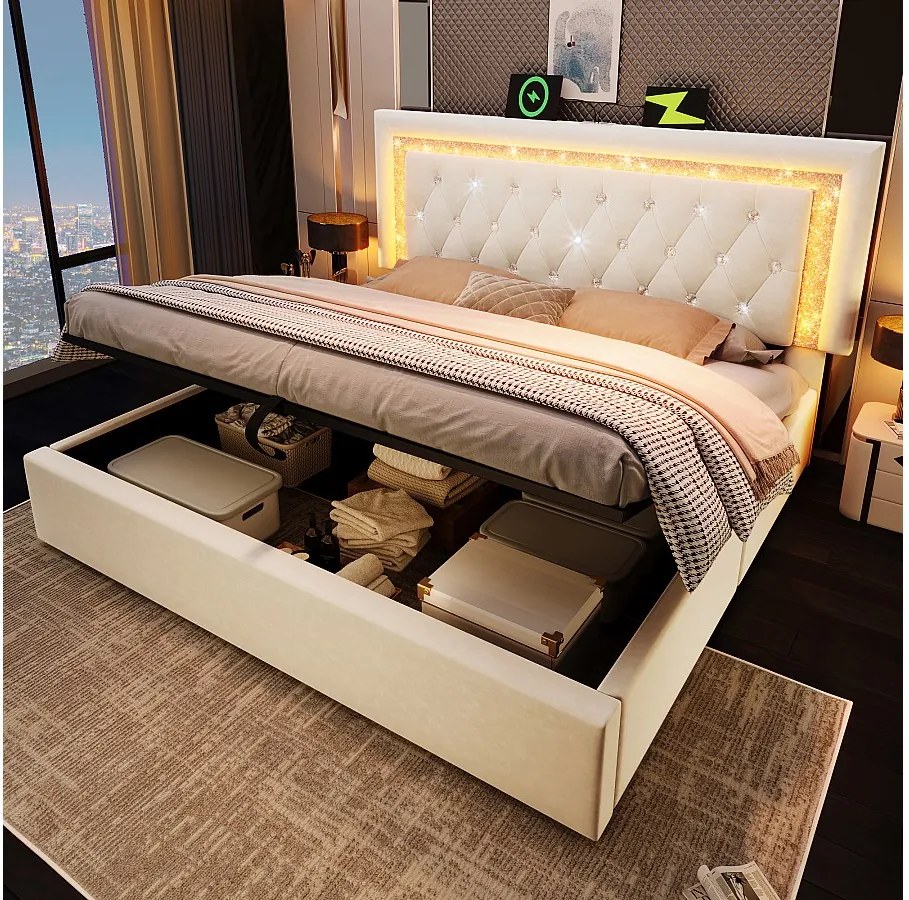 Łóżko tapicerowane dwuosobowe ze schowkiem - 140 x 200 cm - zagłówek z diodami LED + porty USB i typu C - hydrauliczny schowek - aksamit - beż