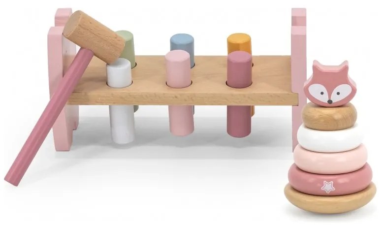 Viga polarb zestaw drewniana piramidka + przebijanka z młoteczkiem lisek montessori