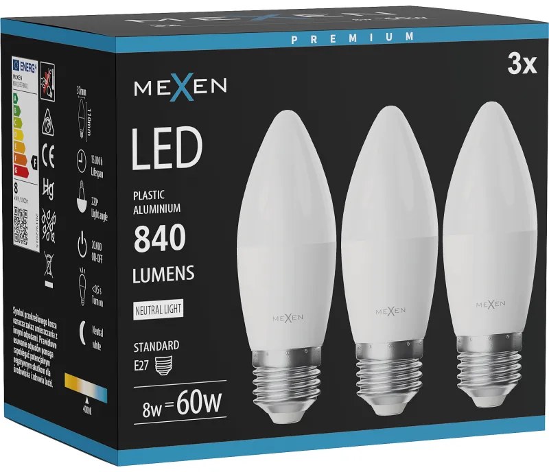 Mexen Nova 3x żarówka LED E27, C37, 8W, Neutralna - 4000K, 840 lm - L102-E27-0840-01x03