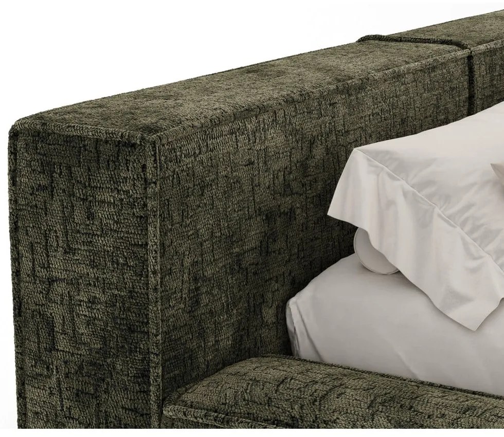 Ciemnozielone tapicerowane łóżko dwuosobowe ze schowkiem i stelażem 160x200 cm Voliera – Maison de Rêve