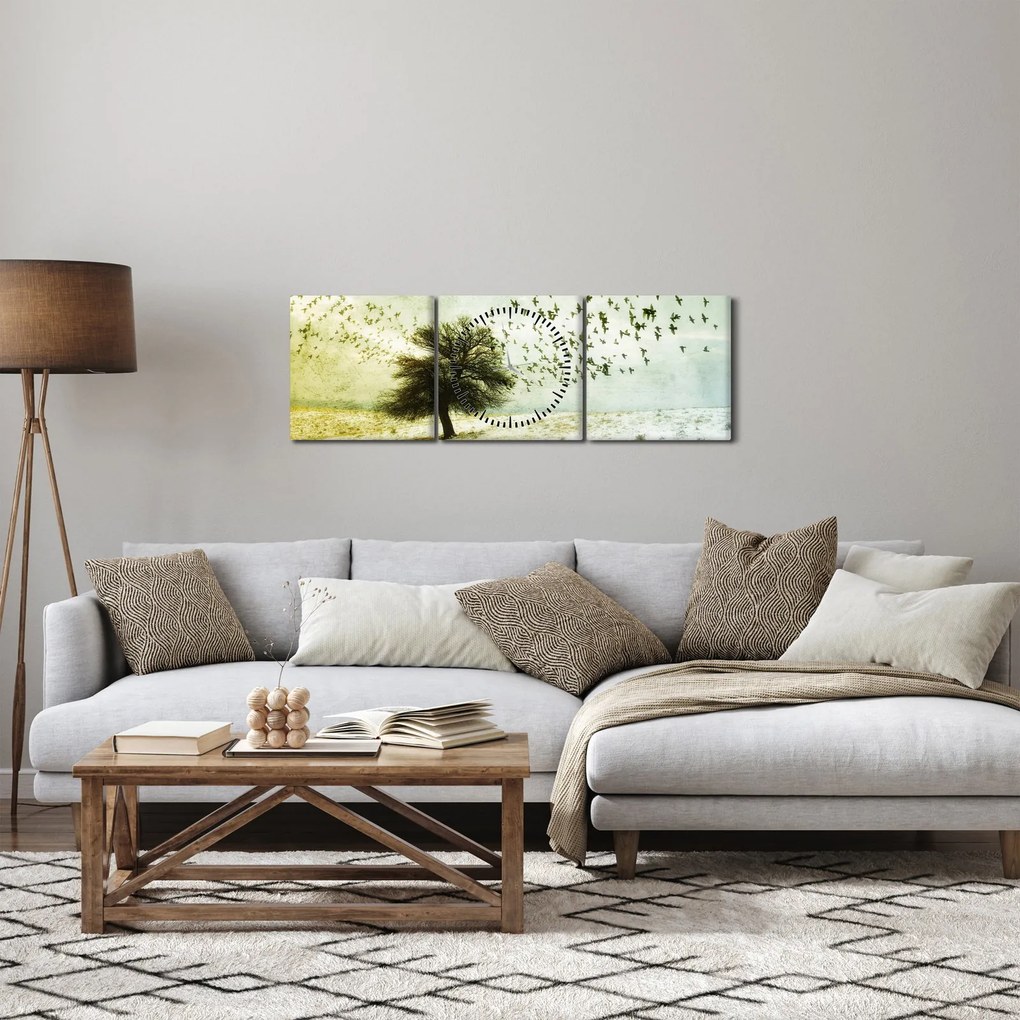 Obraz - Malowane stado ptaków (z zegarem) (90x30 cm)