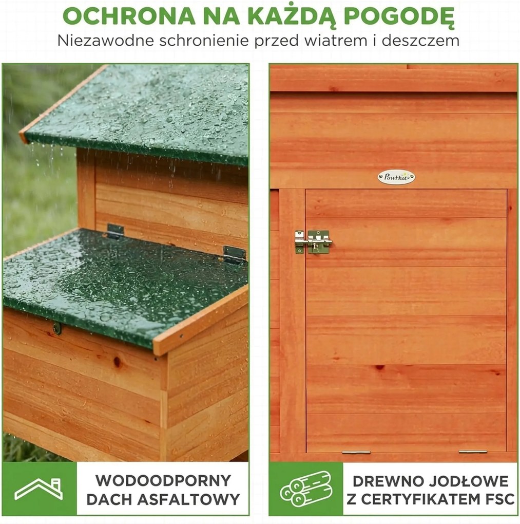 PawHut Drewniany Kurnik z Gniazdem, 2 Grzędami, Rampą, Okienkiem i Wodoodpornym Dachem 113,5x67,5x95,5 cm, Pomarańczowy | Aosom PL