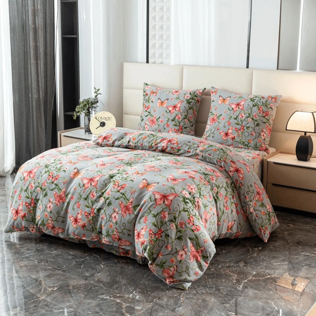 PrzytulneMieszkanie.pl PrzytulneMieszkanie.pl Pościel z mikropluszu PINK BUTTERFLY szara Rozmiar pościeli: 70 x 80 cm | 140 x 200 cm