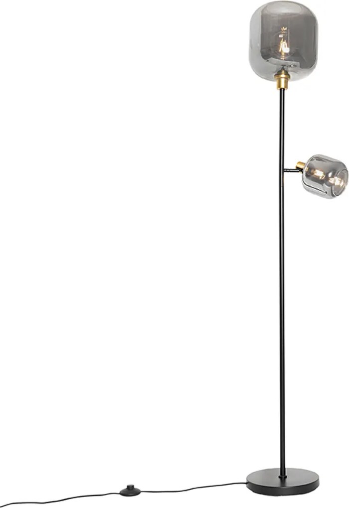 Lampa podłogowa czarna ze złotem i dymionym szkłem 2-światła - Zuzanna