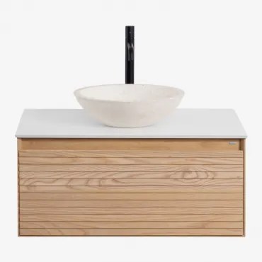 Zestaw Wiszących Mebli Łazienkowych Z Drewna Jesionowego Tedrik Popielaty Brąz & Cement Okrągły Biały - Sklum