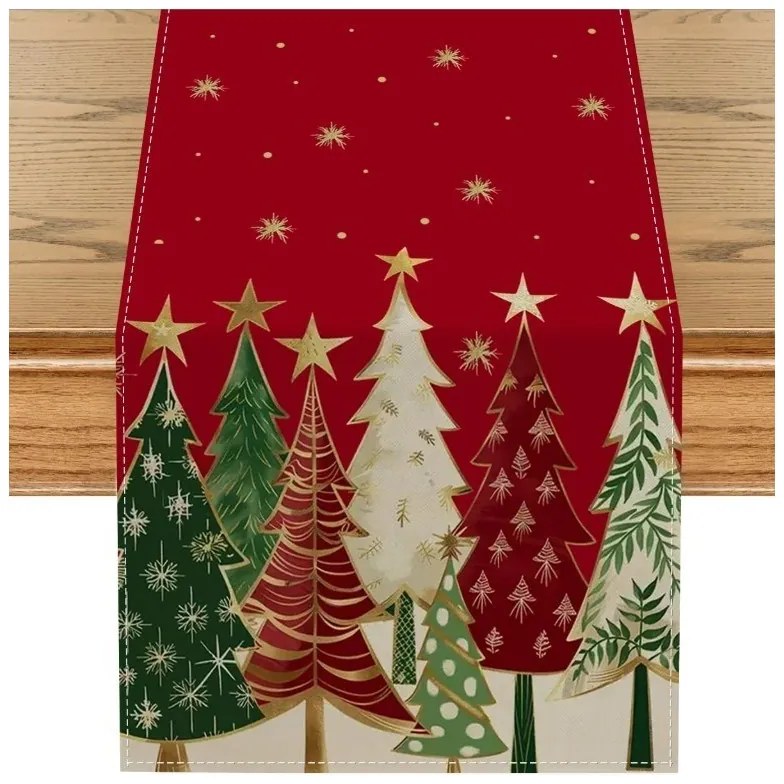 Lniany świąteczny bieżnik MAGIC TREES 33x180 cm, czerwony