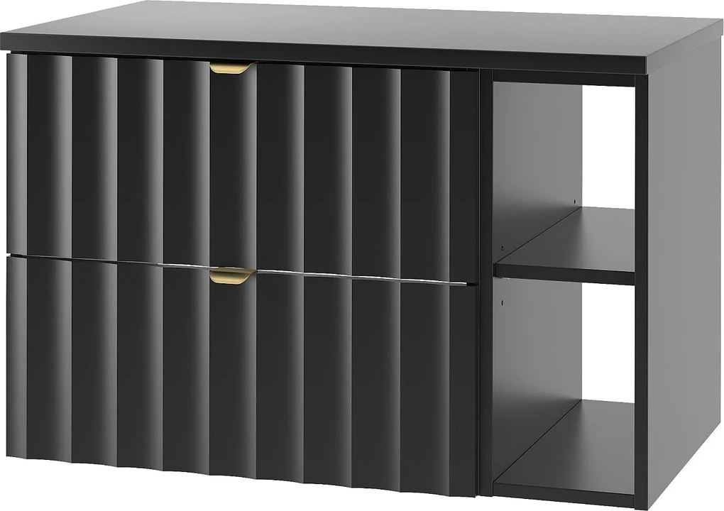 Czarny Zestaw Łazienkowy 80cm Szafka z Blatem Regał Ryflowane Fronty Arcos