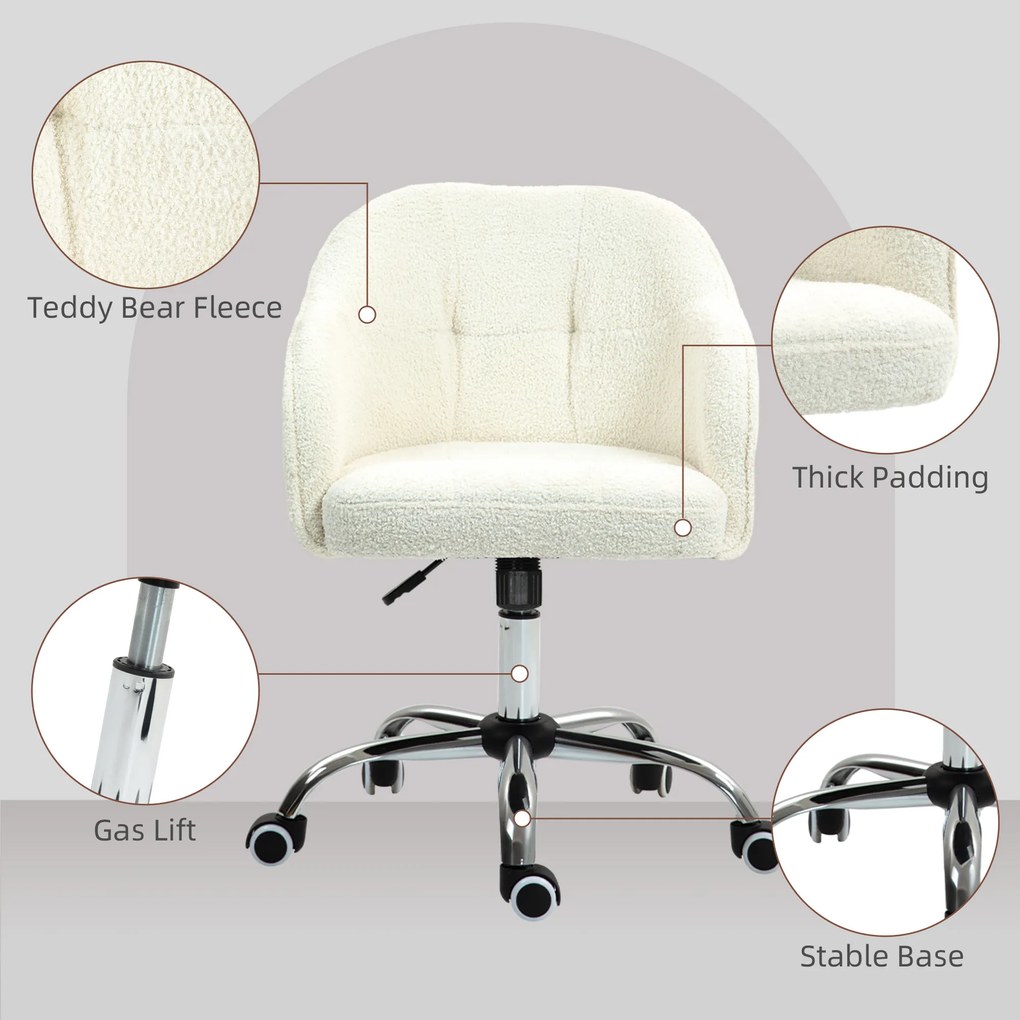HOMCOM Fotel do home office, Ergonomiczny Fotel Obrotowy z Funkcją Bujania, Atrakcyjna tekstura teddy 56 x 61 x 86 cm Kremowy
