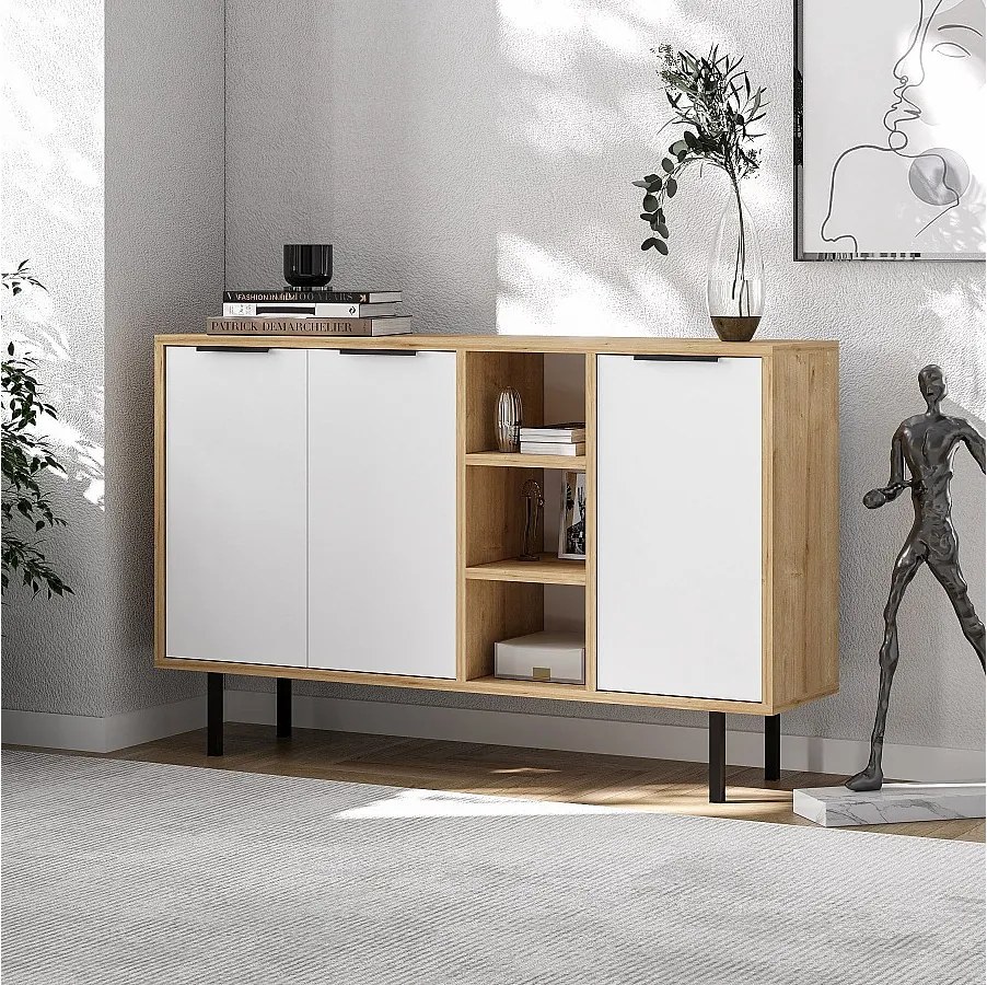 Komoda – 120 cm x 75 cm x 29,6 cm – Dąb szafirowy i biel – melamina