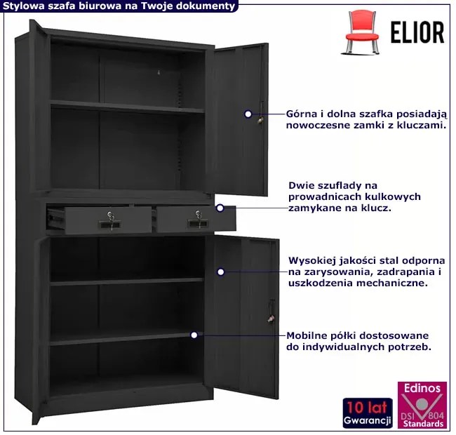 Antracytowa szafa na dokumenty na klucz - Lipsod