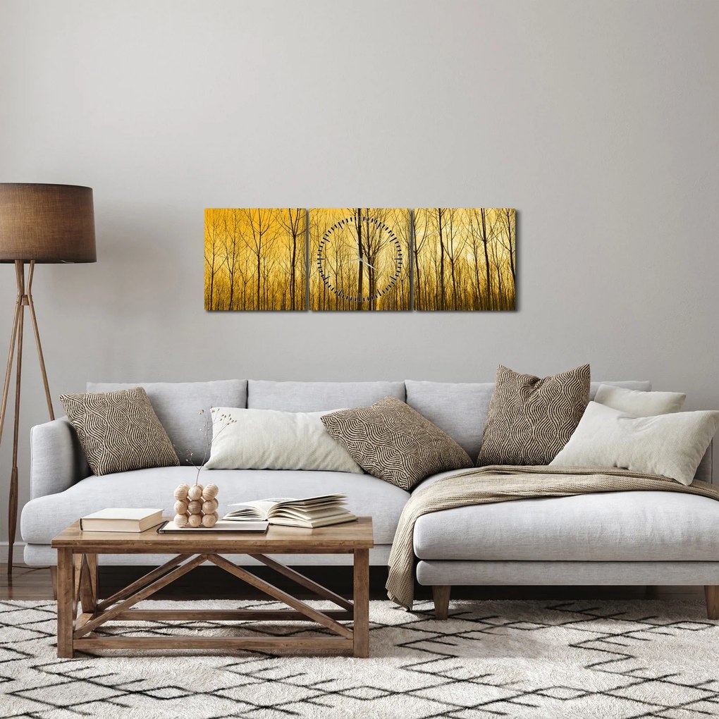 Obraz lasu o zachodzie słońca (z zegarem) (90x30 cm)