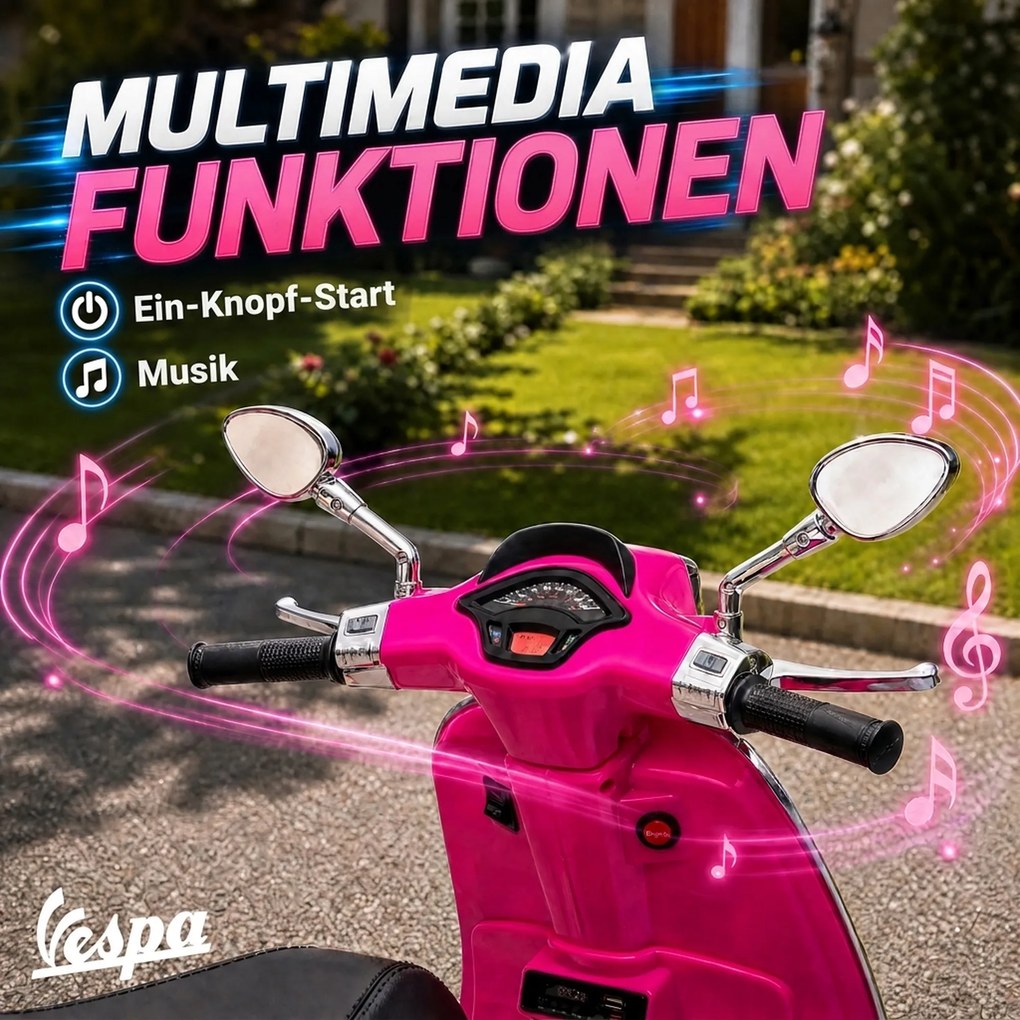 AIYAPLAY Elektryczny motocykl dziecięcy, Vespa, 3 km/h, 3-6 lat, muzyka, światło &amp; radio, różowy | Aosom PL