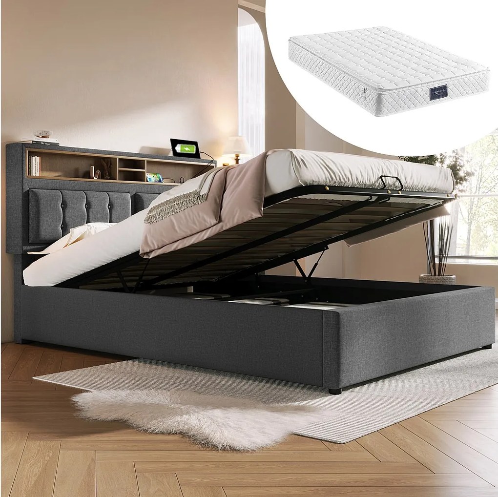 Łóżko z pojemnikiem 140x200 cm – z zagłówkiem i schowkiem, USB/Typ C, stelażem – len – szare - materac w zestawie
