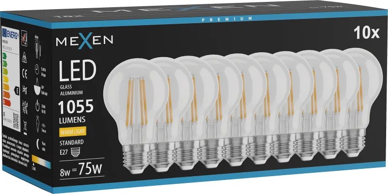 Mexen Vintis 10x żarówka filament LED E27, A60, 8W, Ciepła - 2200K, 1055 lm, clear - L150-E27-0822-00x10