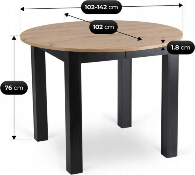 Stół Okrągły Rozkładany HARRY 102-142 cm Dąb Artisan/Czarny Nowoczesny