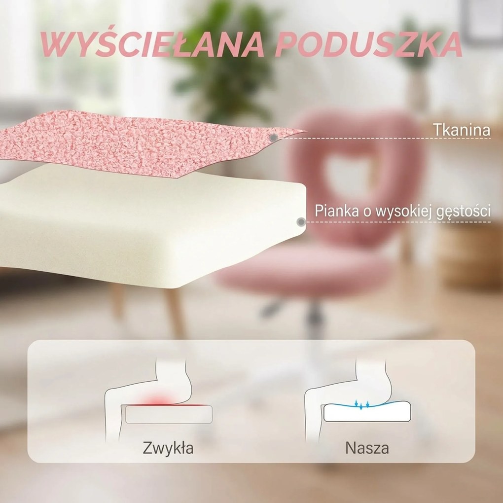 HOMCOM fotel biurowy różowy obrotowy z sercowatym oparciem pokryty miękkim polarem teddy wygodny dla domu | Aosom PL