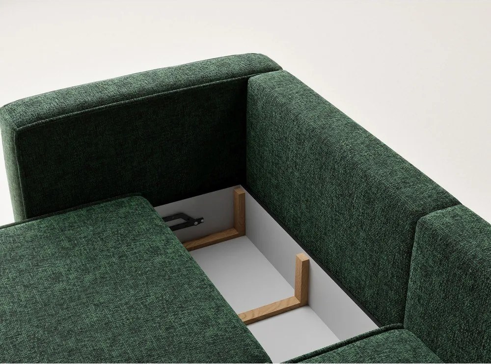 Ciemnozielony rozkładany narożnik ze schowkiem z tkaniny szenilowej (prawostronny/z szezlongiem) Velto – Maison de Rêve