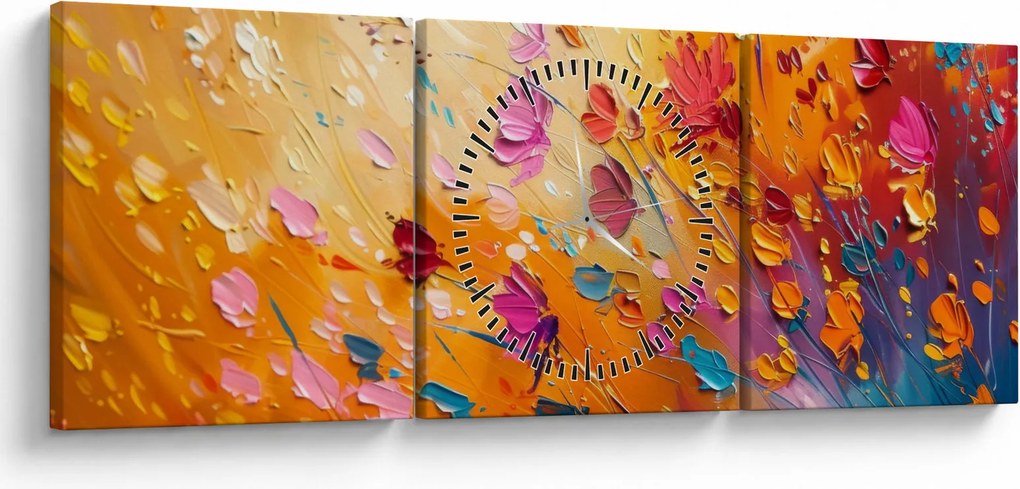 Obraz - Malowanie kolorowych kwiatów (z zegarem) (90x30 cm)