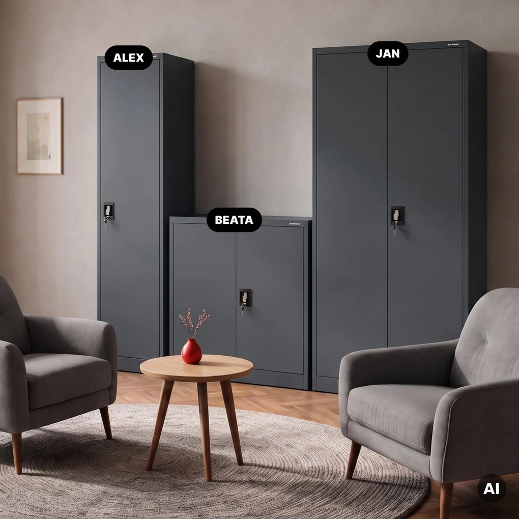 Szafa biurowa metalowa na akta, wąska, antracytowa, 450x1850x400 mm: ALEX