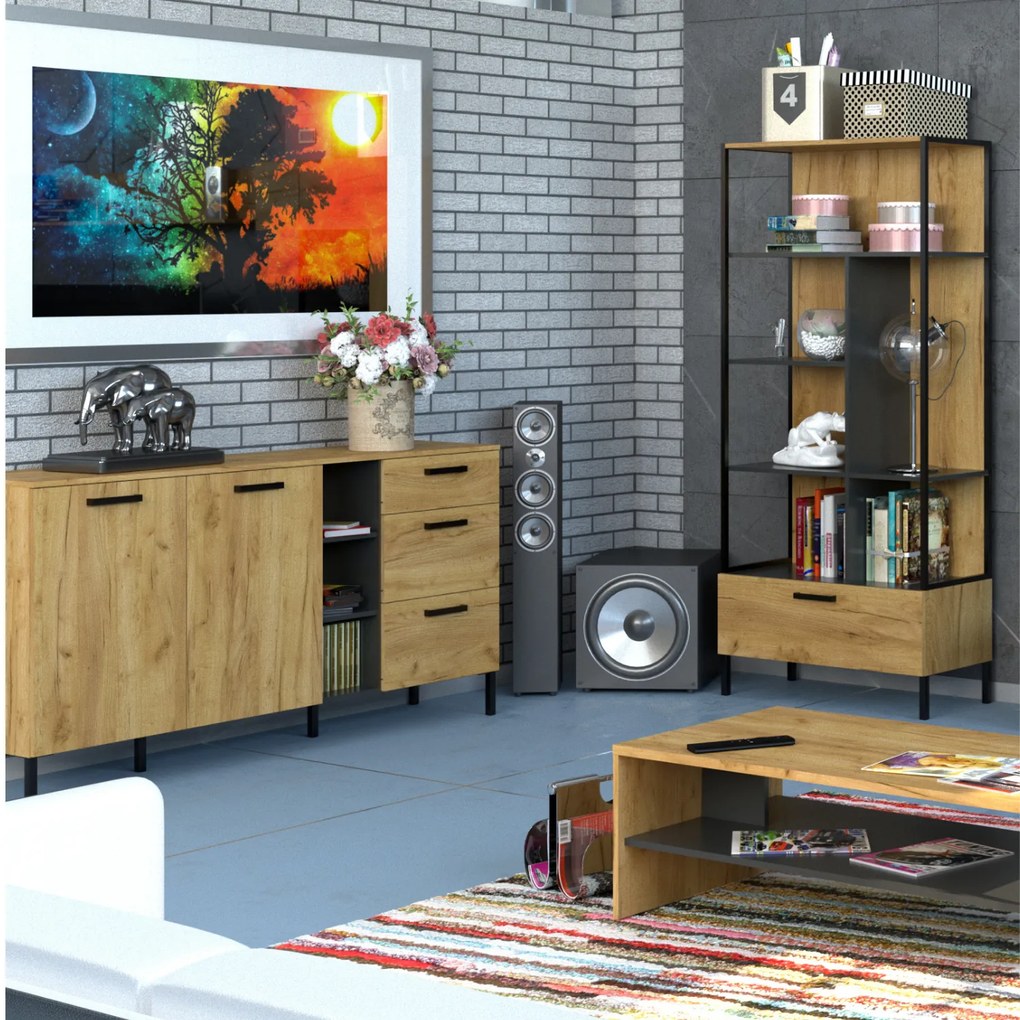 Komoda Dwudrzwiowa z Szufladami do Salonu LUXE Dąb craft złoty/Antracyt Loft