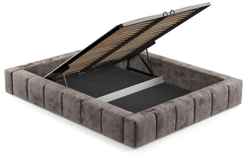 Brązowe tapicerowane łóżko dwuosobowe ze schowkiem i stelażem 200x200 cm Aruba L – Maison de Rêve