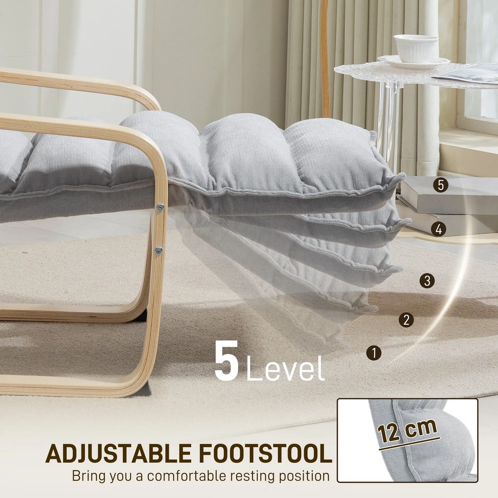 HOMCOM Fotel z laminowanej brzozy, tapicerowany fotel z regulowaną podnóżką, nowoczesny fotel z podłokietnikami, Jasnoszary