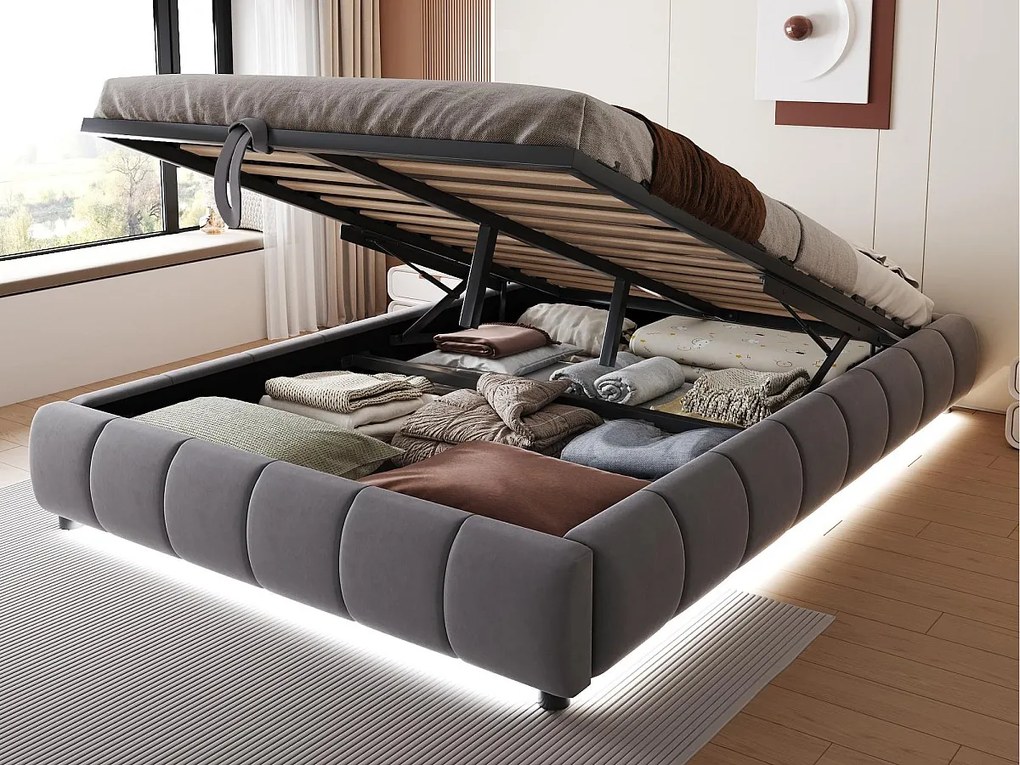 Tapicerowane łóżko ze schowkiem 140x200cm - z taśmą świetlną LED (jednolity kolor) - szare (materac nie wchodzi w zestaw)