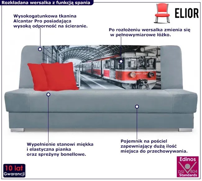 Szara rozkładana wersalka z motywem pociągu W9-K81