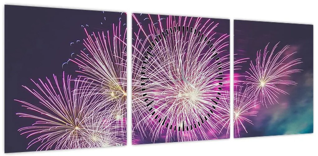 Obraz nocnego miasta z fajerwerkami (z zegarem) (90x30 cm)