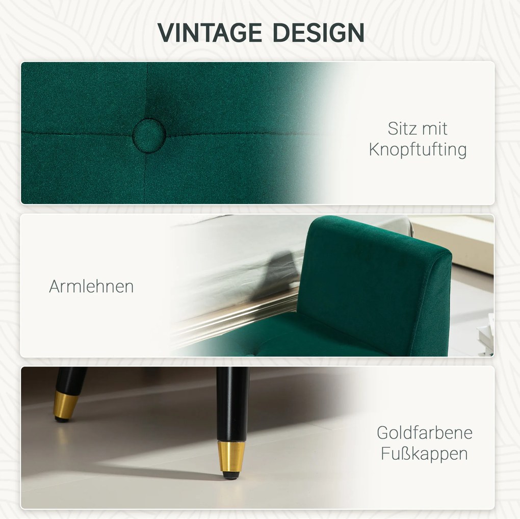 HOMCOM Ławka z Miejscem na Przechowywanie, Podłokietniki, Aksamitny Poliester, Drewno Kauczukowe, 107 x 42 x 65 cm, Zielony