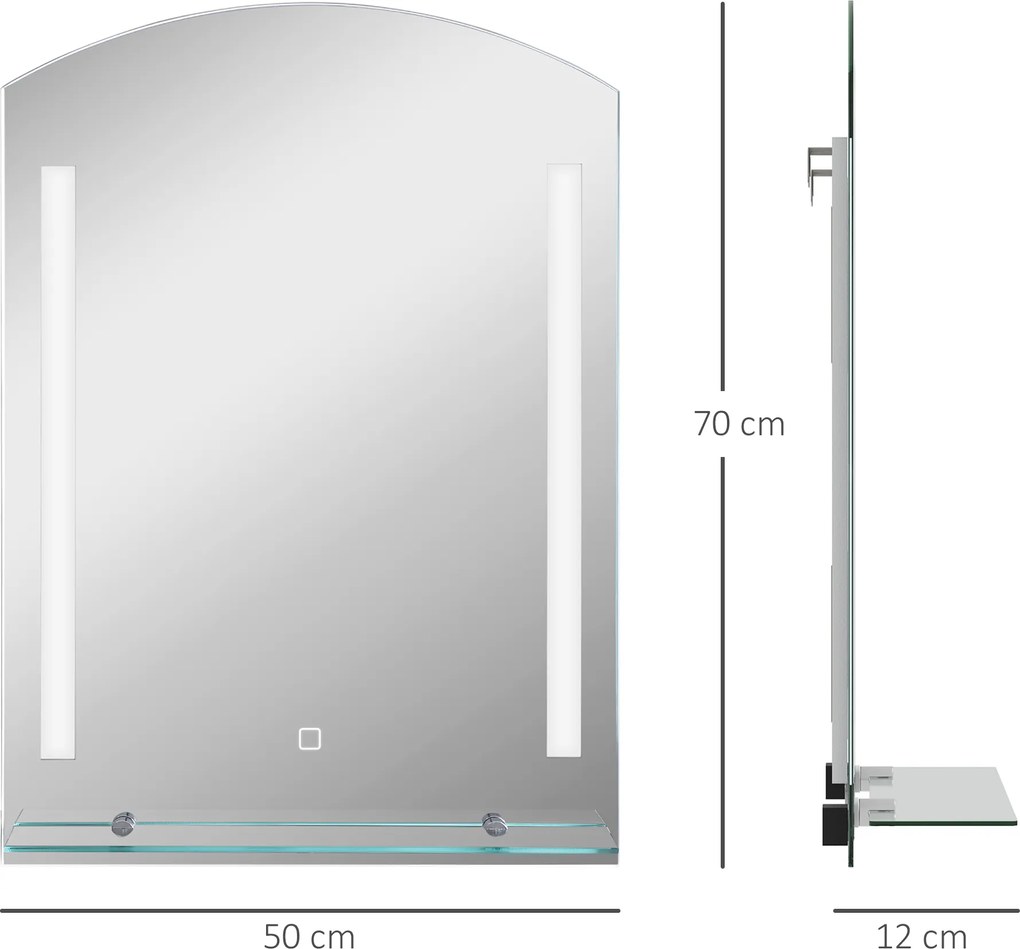 kleankin Lustro łazienkowe z oświetleniem LED, eleganckie i wysokiej jakości, szkło, aluminium, plastik, 50S x 12G x 70W cm