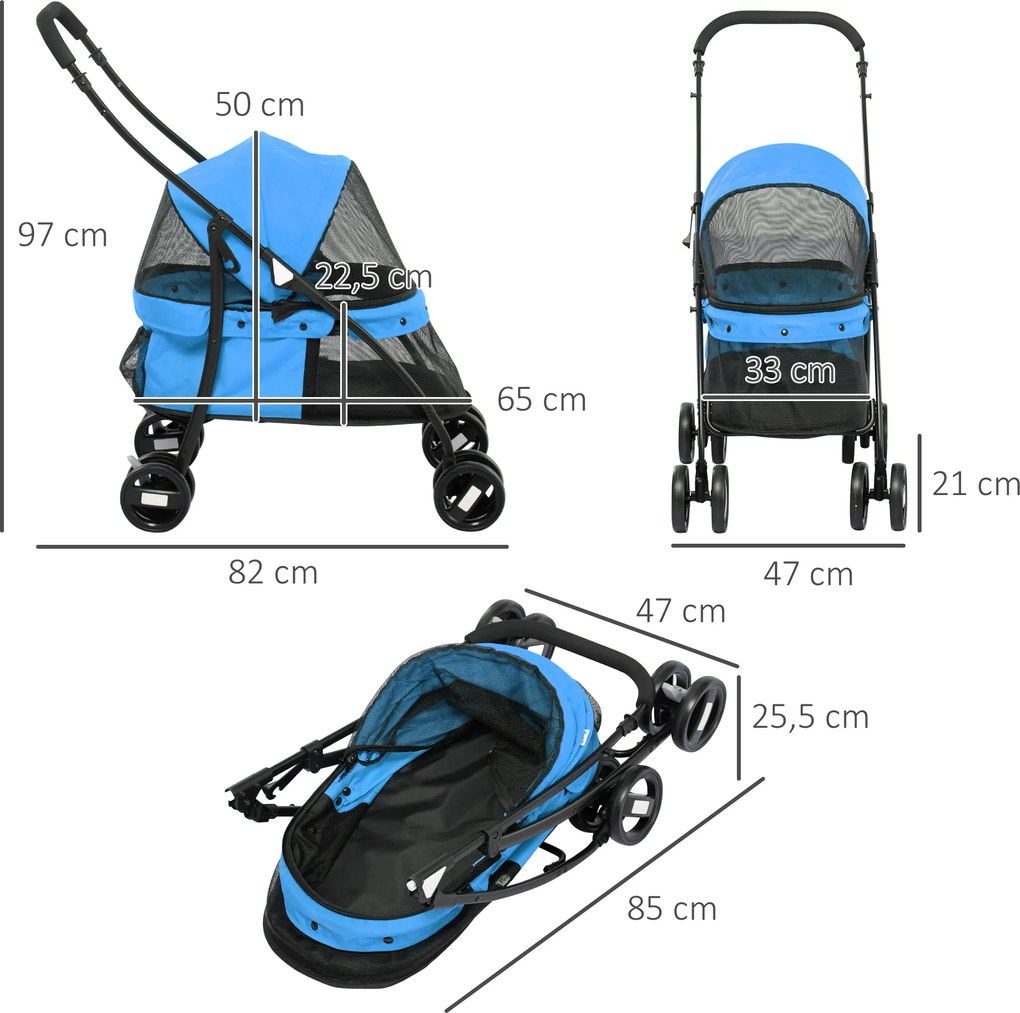 PawHut Wózek dla psów, regulowany dach, okna z siatki, zamek, Stal, 82x47x97 cm, Niebieski/Czarny
