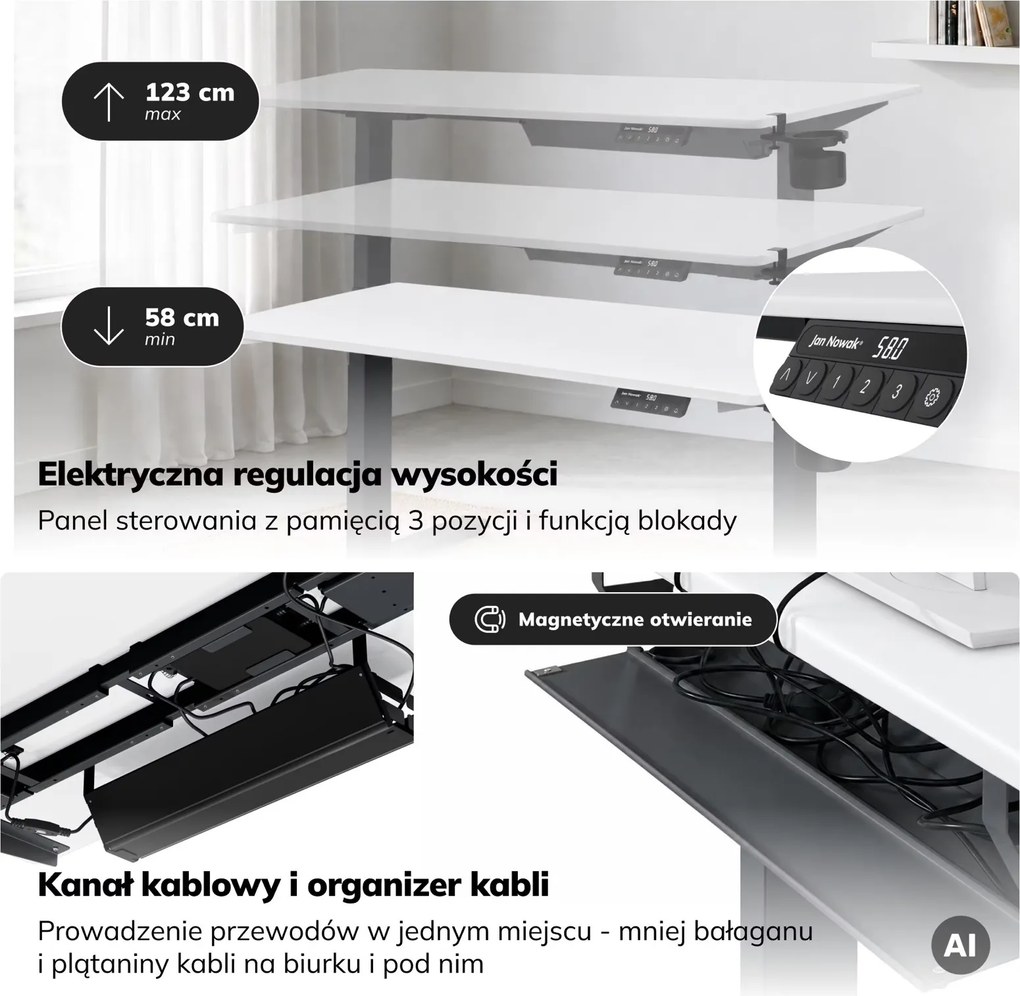 Biurko do pracy na stojąco i siedząco Aria 140×70 cm, blat biały/podstawa antracyt