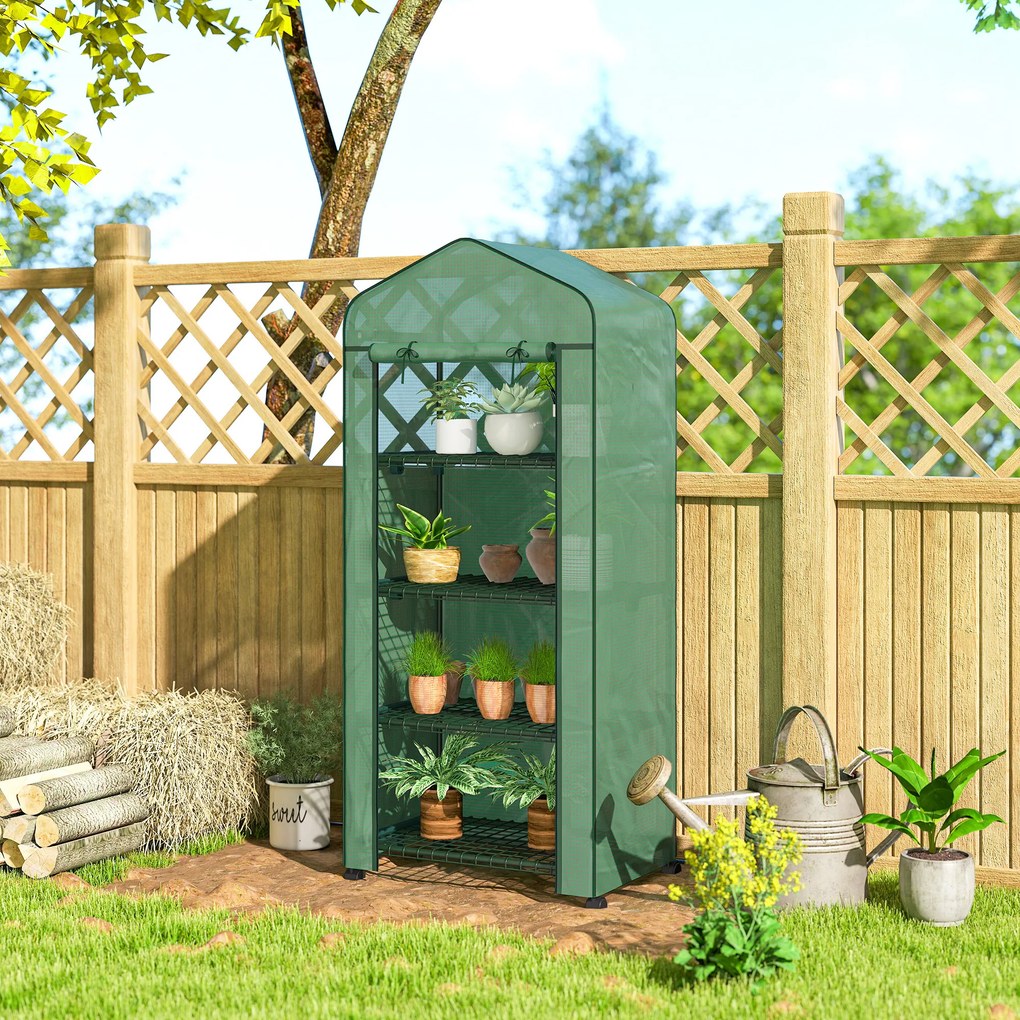 Outsunny Szklarnia foliowa, Mini-szklarnia, Dom do uprawy roślin, Grządka wczesna, 4 półkowe regały, 69 x 50 x 165 cm, Zielona