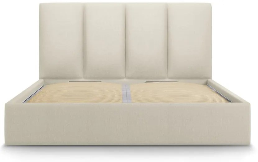 Beżowe tapicerowane łóżko dwuosobowe ze schowkiem ze stelażem 140x200 cm Juniper – Mazzini Beds