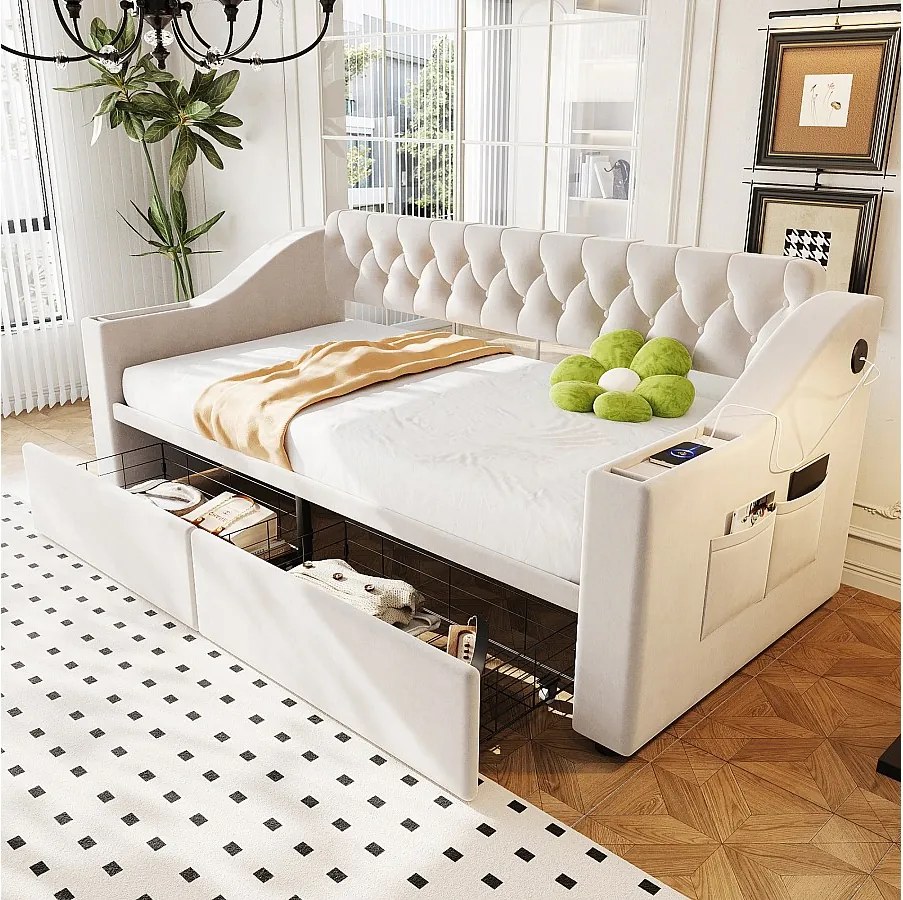 Sofa dziecięca tapicerowana z funkcją spania - 90 x 190 cm - z podłokietnikami ze schowkiem + port USB + 2 szuflady - welur - beż