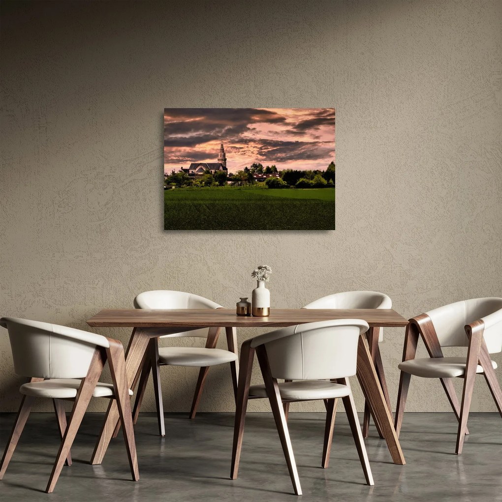Obraz na szkle - krajobraz z kościołem (70x50 cm)