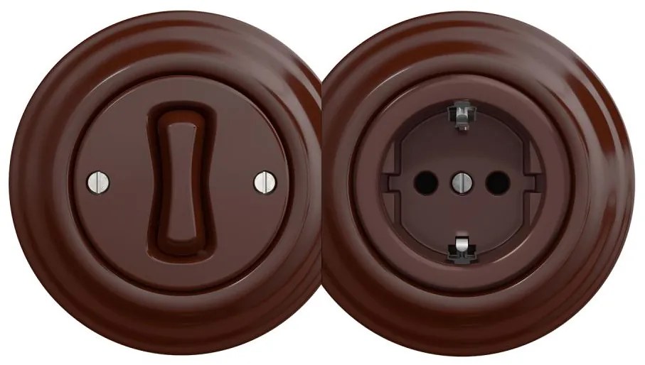 Kliklap - Retro jednobiegunowy włącznik nr 1 oraz gniazdo SCHUKO 230V w ramce, brązowe