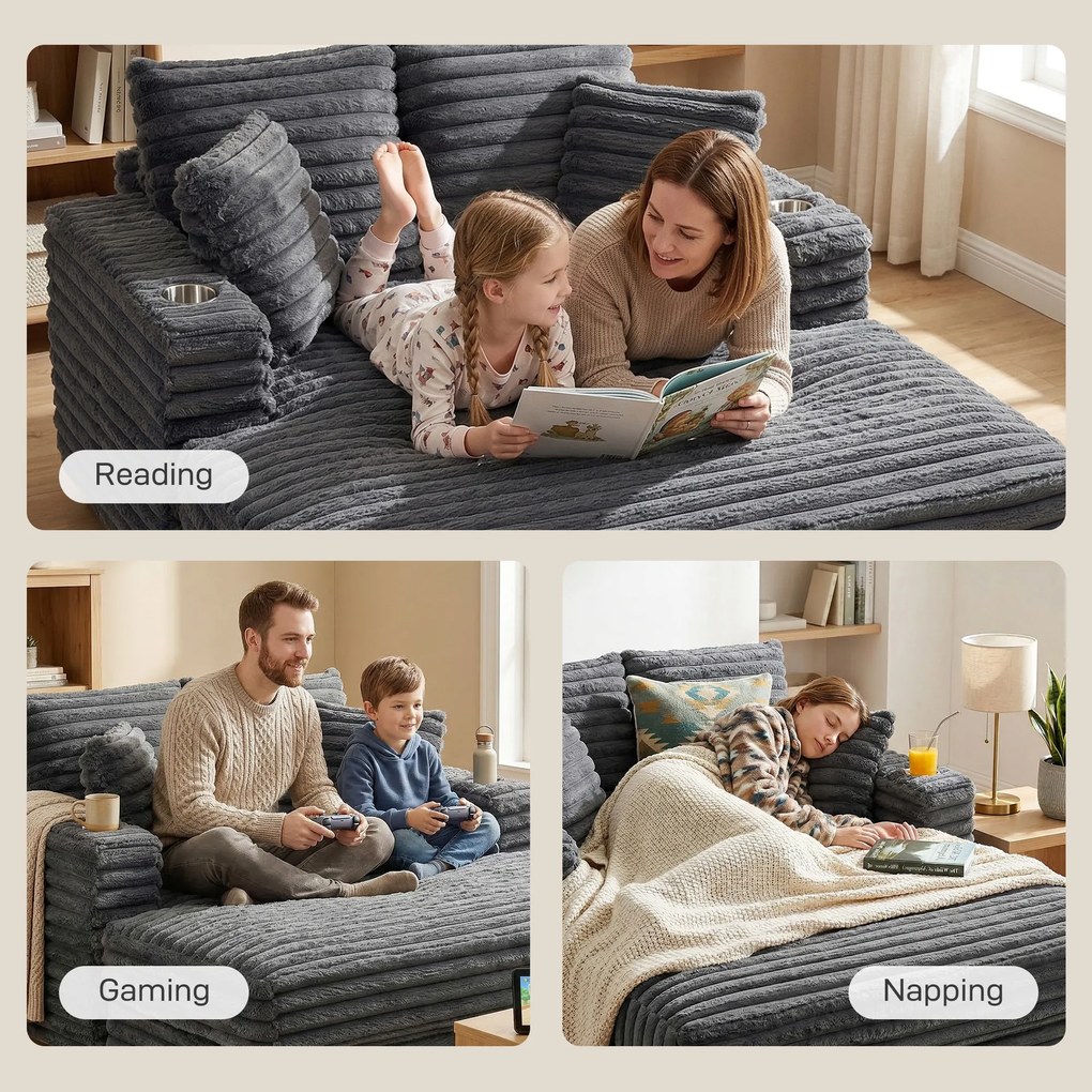 HOMCOM Szezlong 2-osobowy, sofa z funkcją spania 134 x 151 cm z uchwytami na napoje, do salonu, szara | Aosom PL