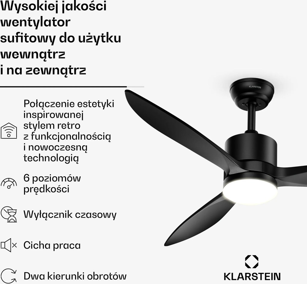 Klarstein SkyBreeze Smart 132cm 27W Wentylator sufitowy z oświetleniem Czarny
