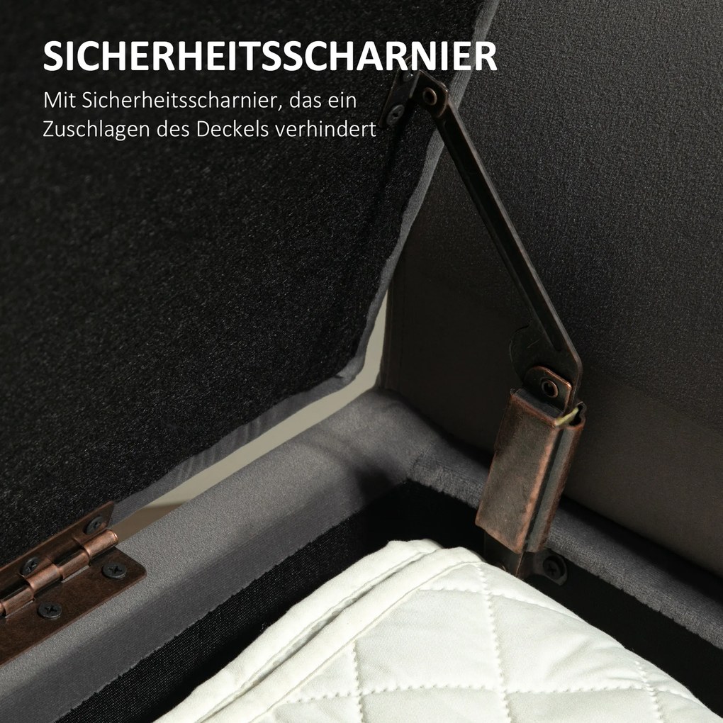 HOMCOM Ławeczka z miejscem na przechowywanie, składana pokrywa, miękka siedziska, aksamitny wygląd, 111,5x41x65 cm, Szara