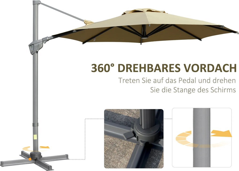Outsunny parasol ogrodowy z korbką Ø300 cm wiszący ochrona UV regulowany kąt nachylenia aluminiowy khaki do ogrodu tarasu | Aosom PL