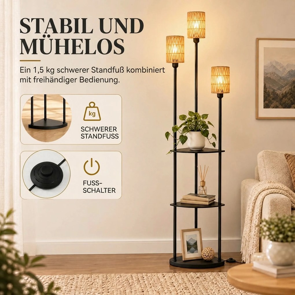 HOMCOM Lampa stojąca Boho 3-płomienna, 3 półki, klosz z papierowego sznura, czarna | Aosom PL