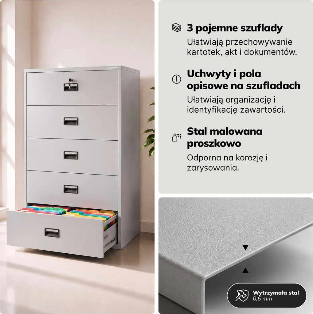 Szafa kartotekowa metalowa z 5 szufladami szara, 900x1620x600 mm: SARA XL V5