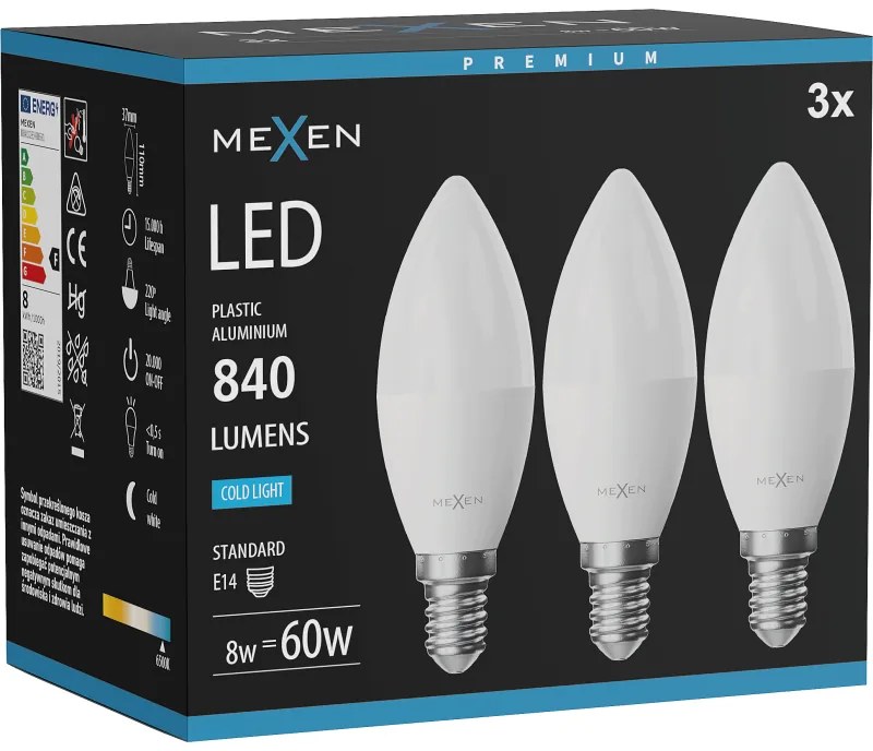 Mexen Nova 3x żarówka LED E14, C37, 8W, Zimna - 6500K, 840 lm - L102-E14-0865-01x03